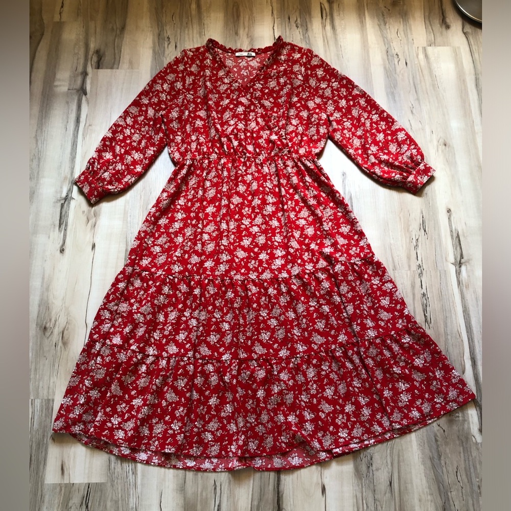 Red Floral Midi Dress with Ruffle Detail